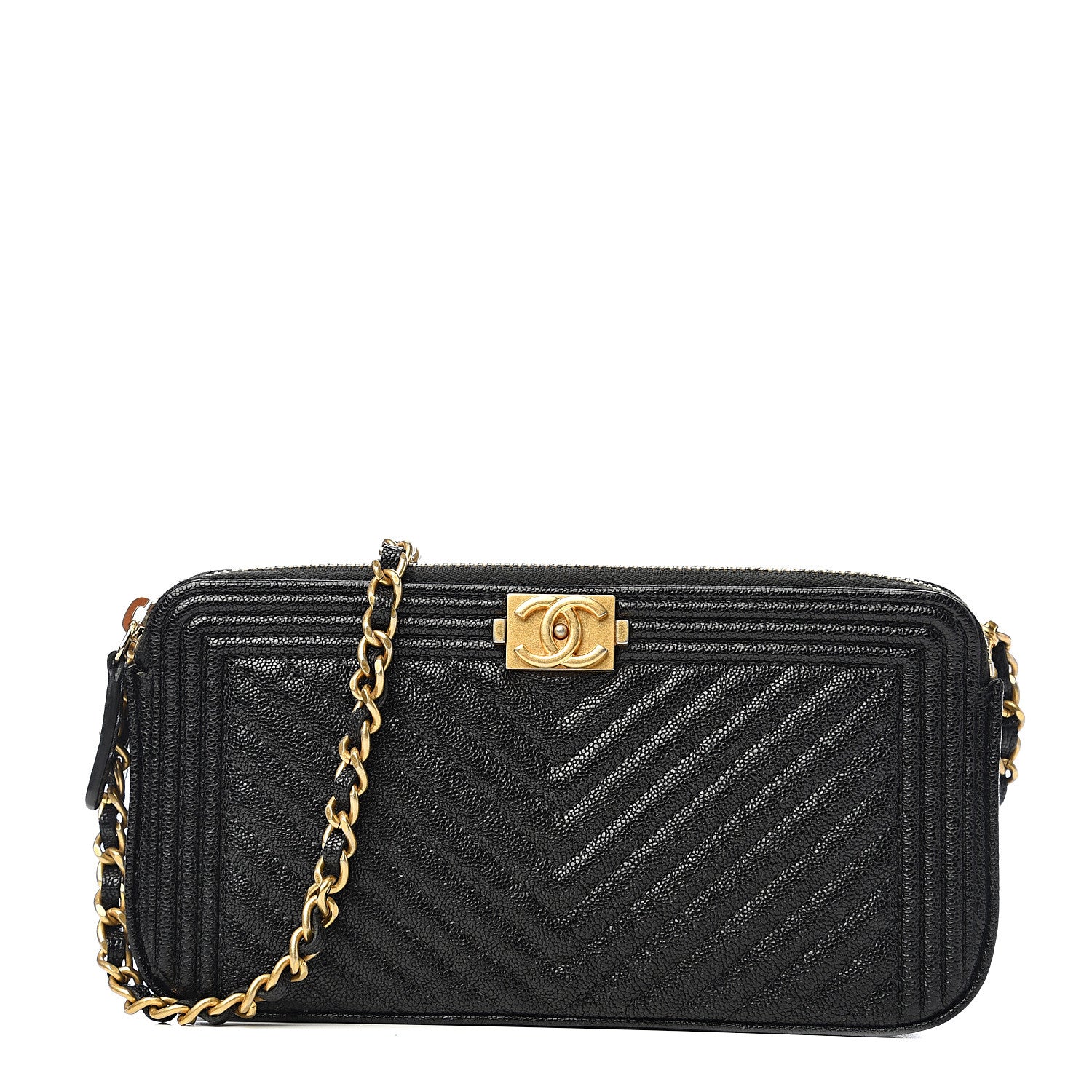 Chanel Caviar Chevron Small Boy Clutch With Chain Black 1 of 10