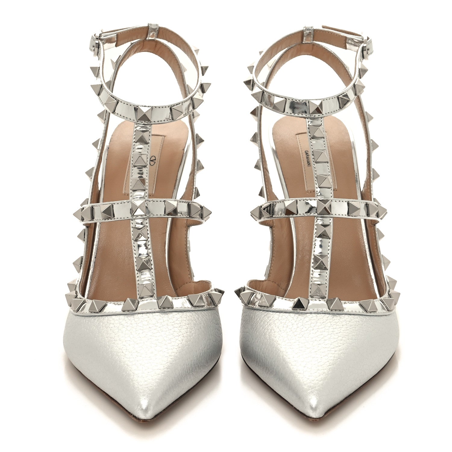 Valentino Garavani Metallic Pebbled Calfskin Rockstud Ankle Strap 100mm Pumps 41 Silver 2 of 9