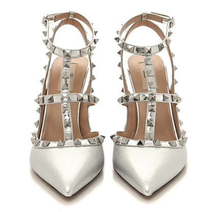 Valentino Garavani Metallic Pebbled Calfskin Rockstud Ankle Strap 100mm Pumps 41 Silver 2 of 9