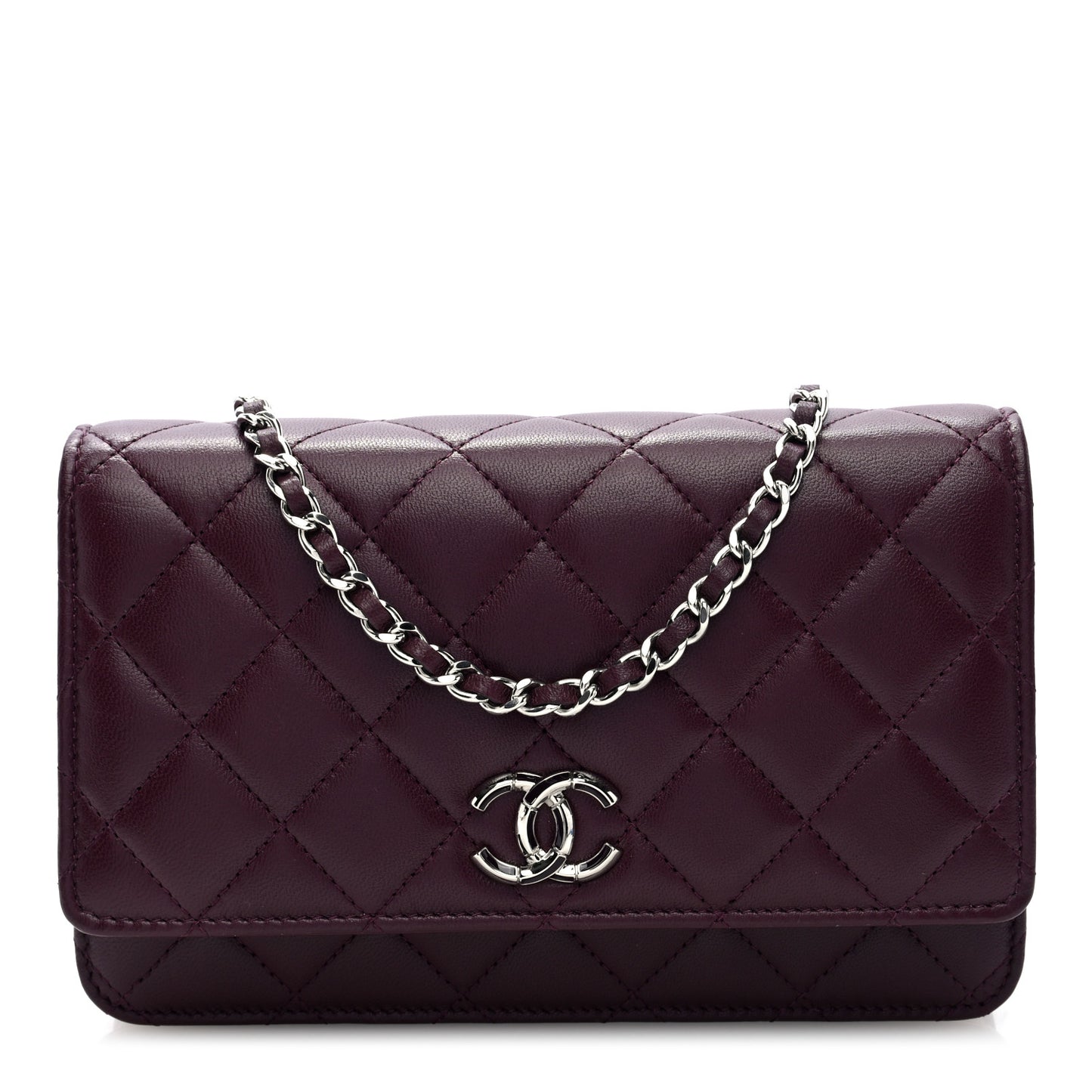 Lambskin Quilted Enamel CC Wallet On Chain WOC Burgundy