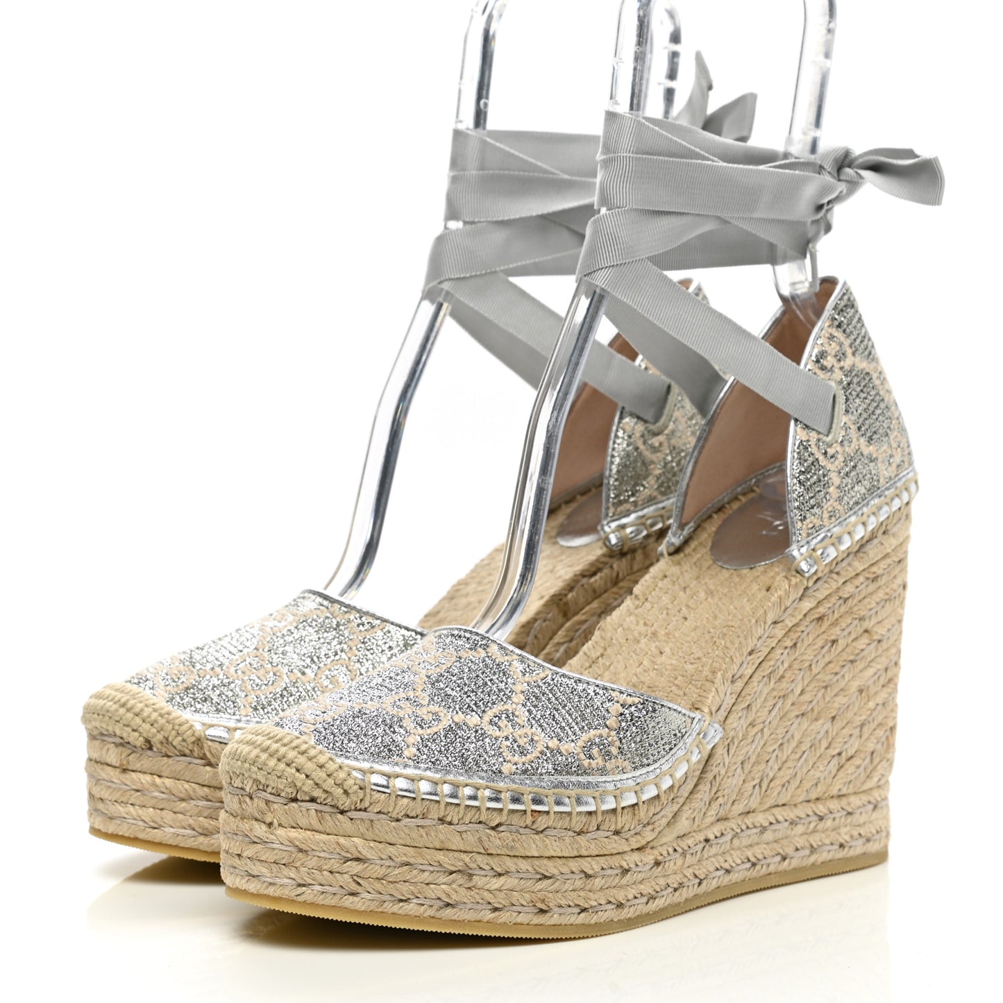Lame GG Monogram Ankle Wrap Platform Espadrille Wedges 40 Silver Beige Light Grey
