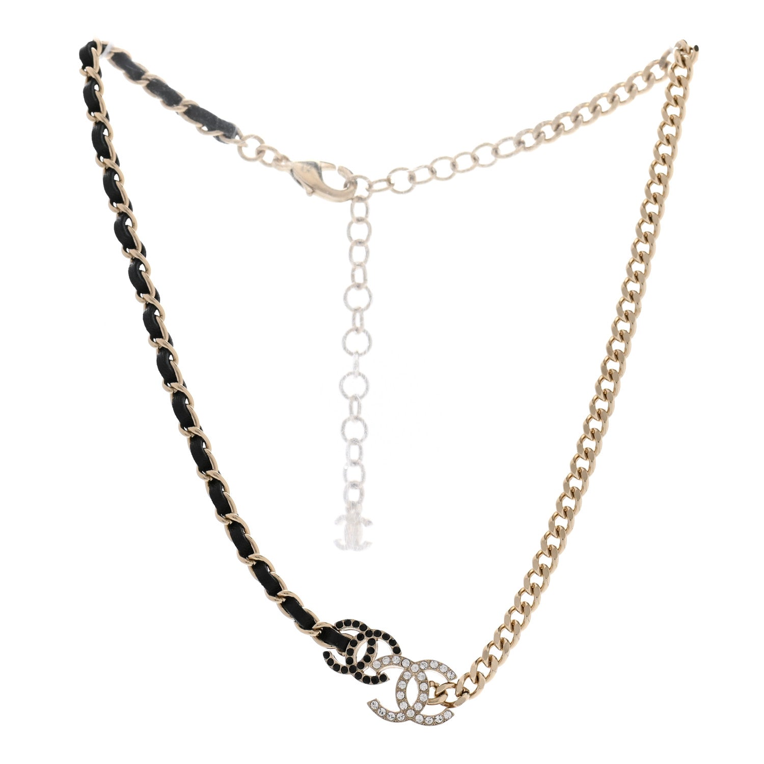 Chanel Metal Calfskin Crystal Double CC Short Necklace Black Gold 3 of 6