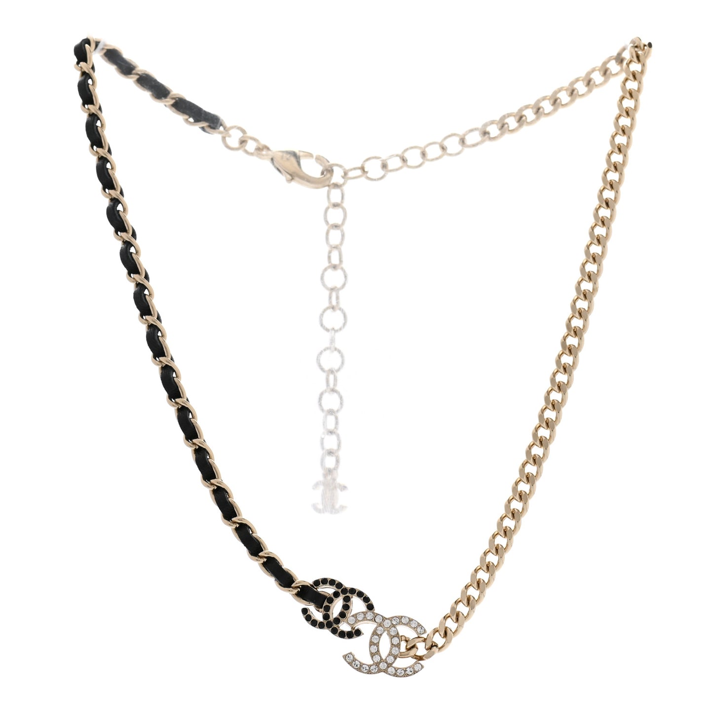 Metal Calfskin Crystal Double CC Short Necklace Black Gold