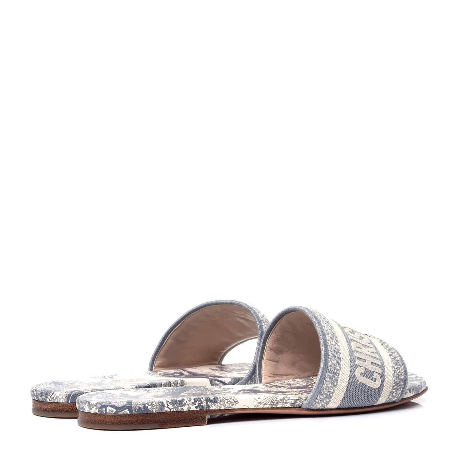 Canvas Toile de Jouy Embroidered Dway Flat Slide Sandals 36 Grey Stone