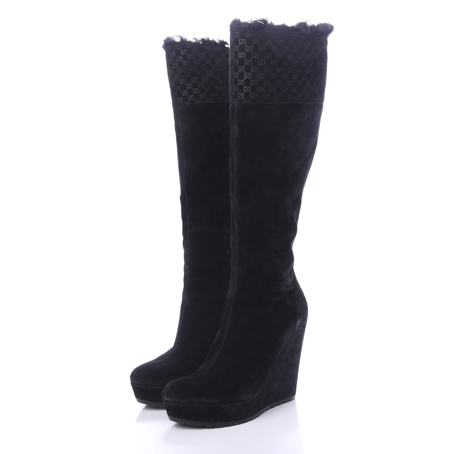 Gucci Suede Shearling Fur Microguccissima Courtney Tall Wedge Boots 38.5 Black 3 of 7