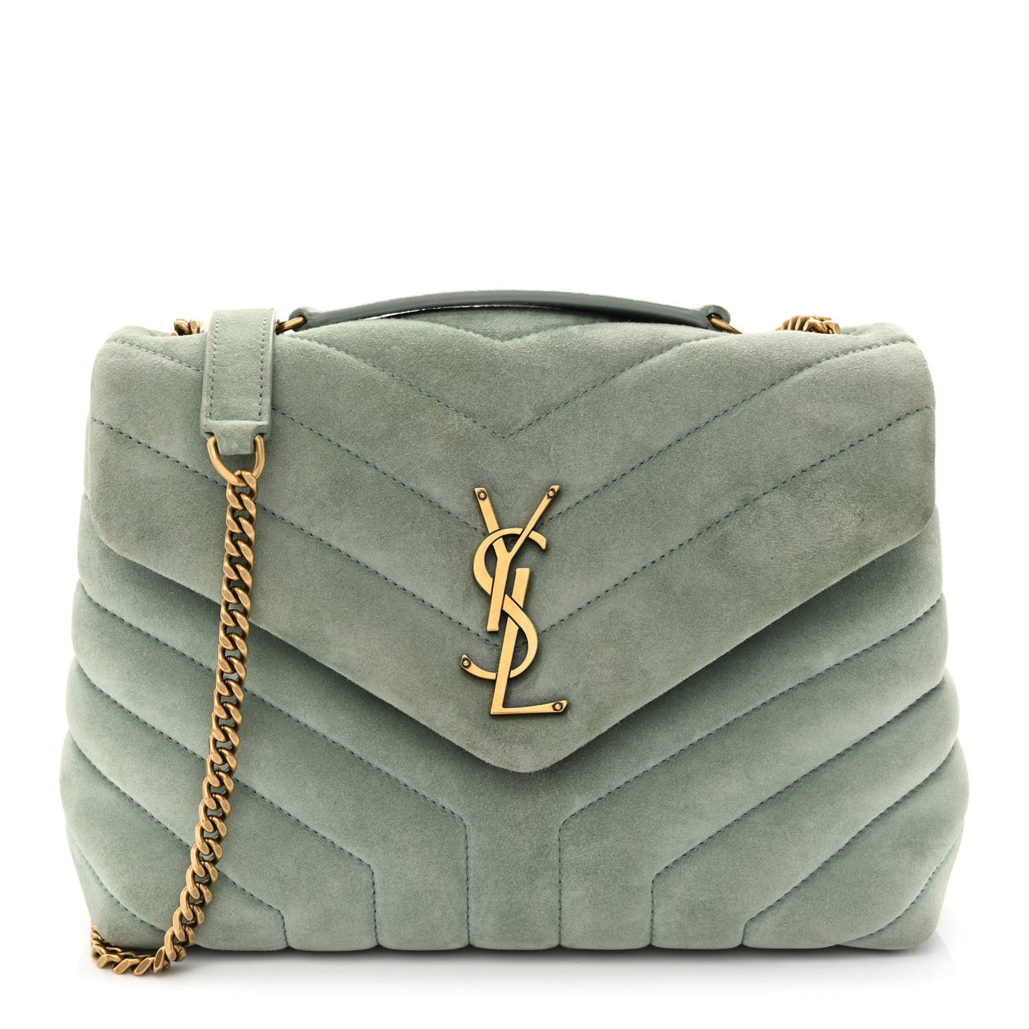 Suede Calfskin Y Quilted Monogram Small Loulou Chain Satchel Vert Opaline