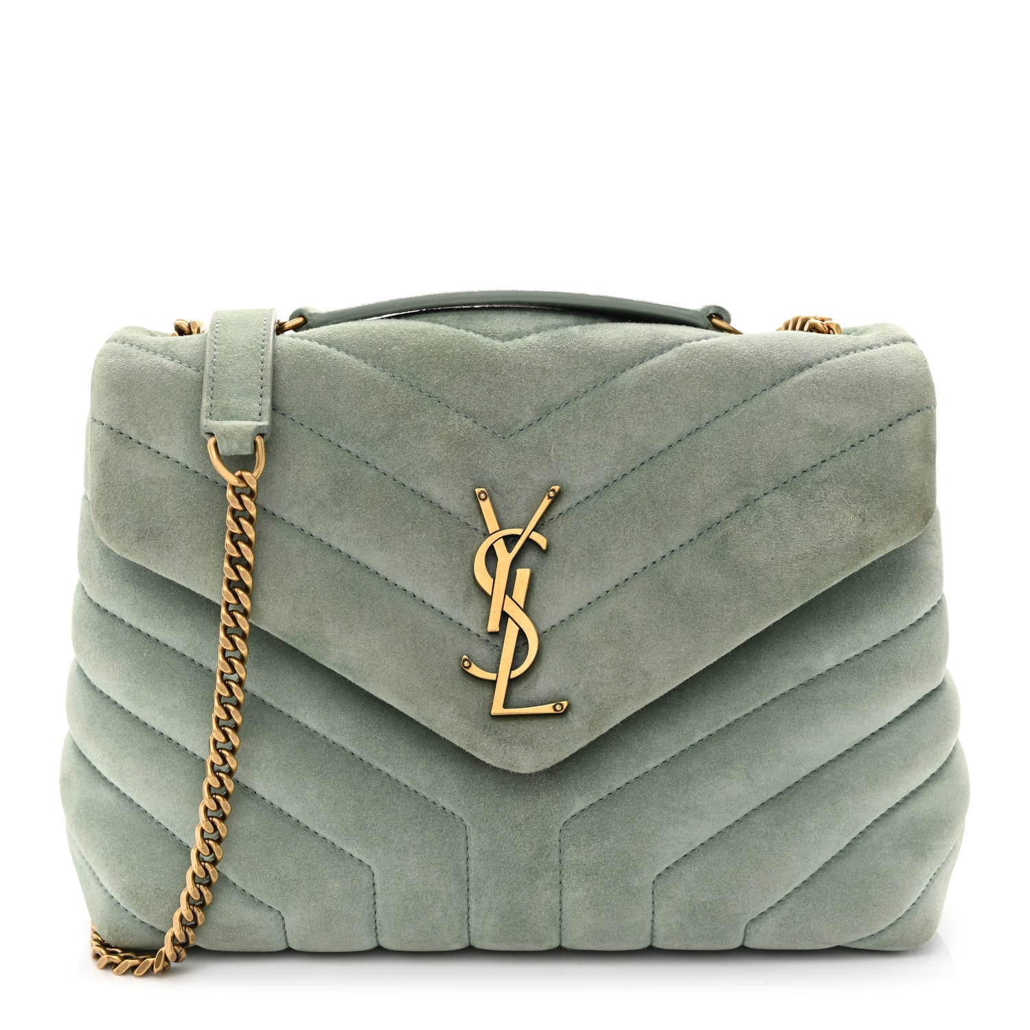 Saint Laurent Suede Calfskin Y Quilted Monogram Small Loulou Chain Satchel Vert Opaline 1 of 10