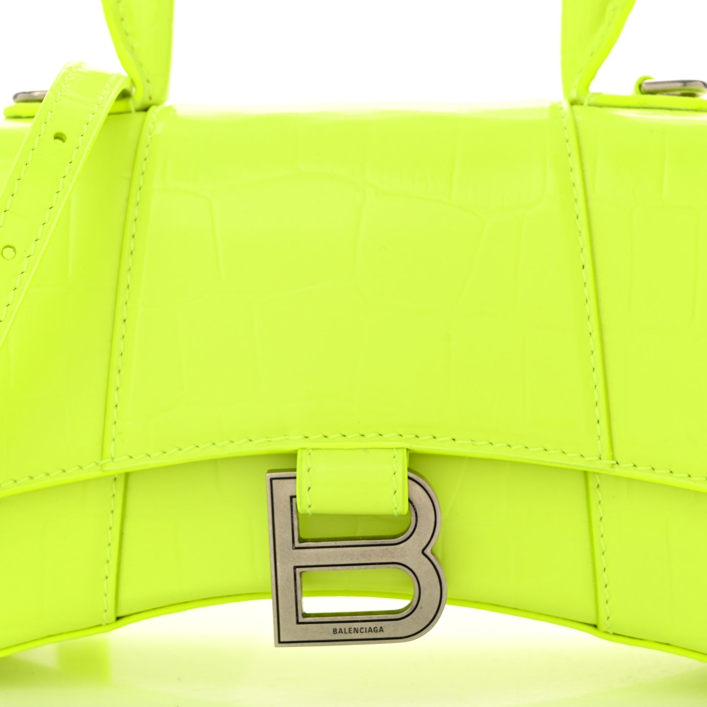 Shiny Calfskin Crocodile Embossed Hourglass Top Handle Bag XS Fluo Yellow