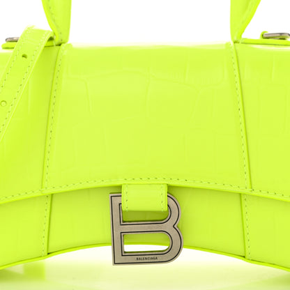 Balenciaga Shiny Calfskin Crocodile Embossed Hourglass Top Handle Bag XS Fluo Yellow 9 of 11