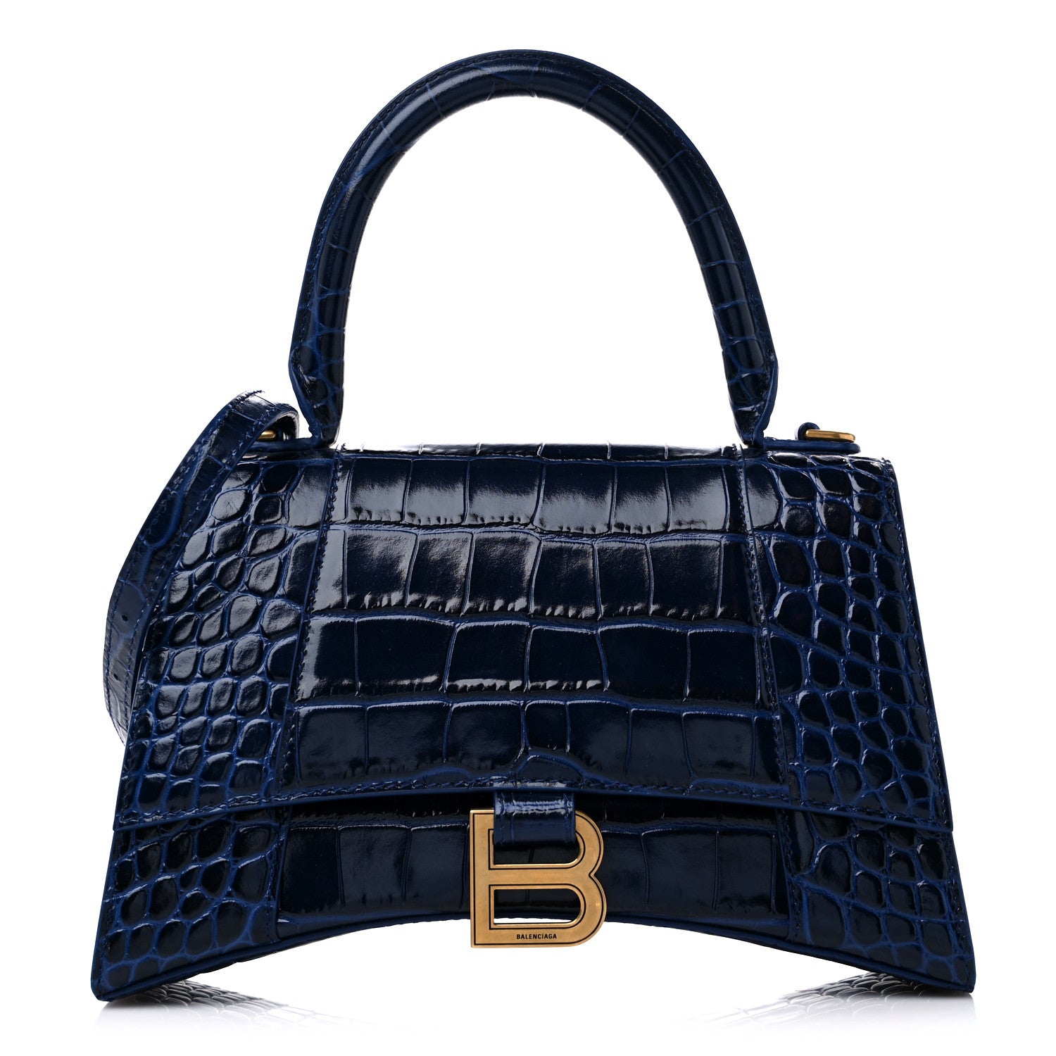 Balenciaga Shiny Calfskin Crocodile Embossed Small Hourglass Top Handle Bag Navy 1 of 9