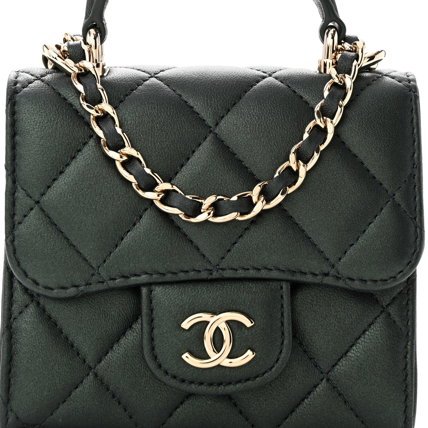 Iridescent Lambskin Quilted Top Handle Flap Clutch With Chain Dark Green