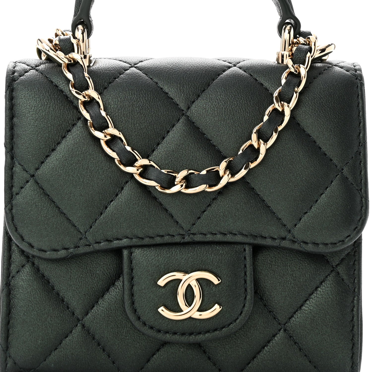 Chanel Iridescent Lambskin Quilted Top Handle Flap Clutch With Chain Dark Green 9 of 12