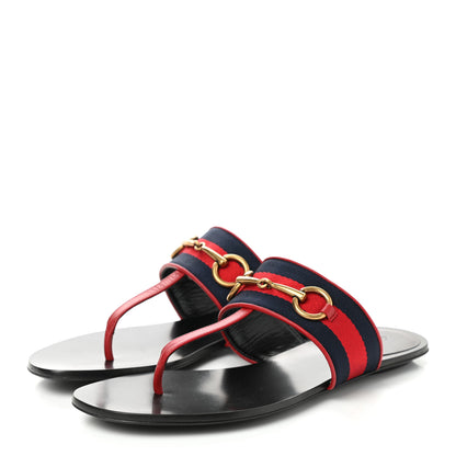 Gucci Nylon Calfskin Web Womens Horsebit Thong Sandals 36.5 Blue Red Black 3 of 8