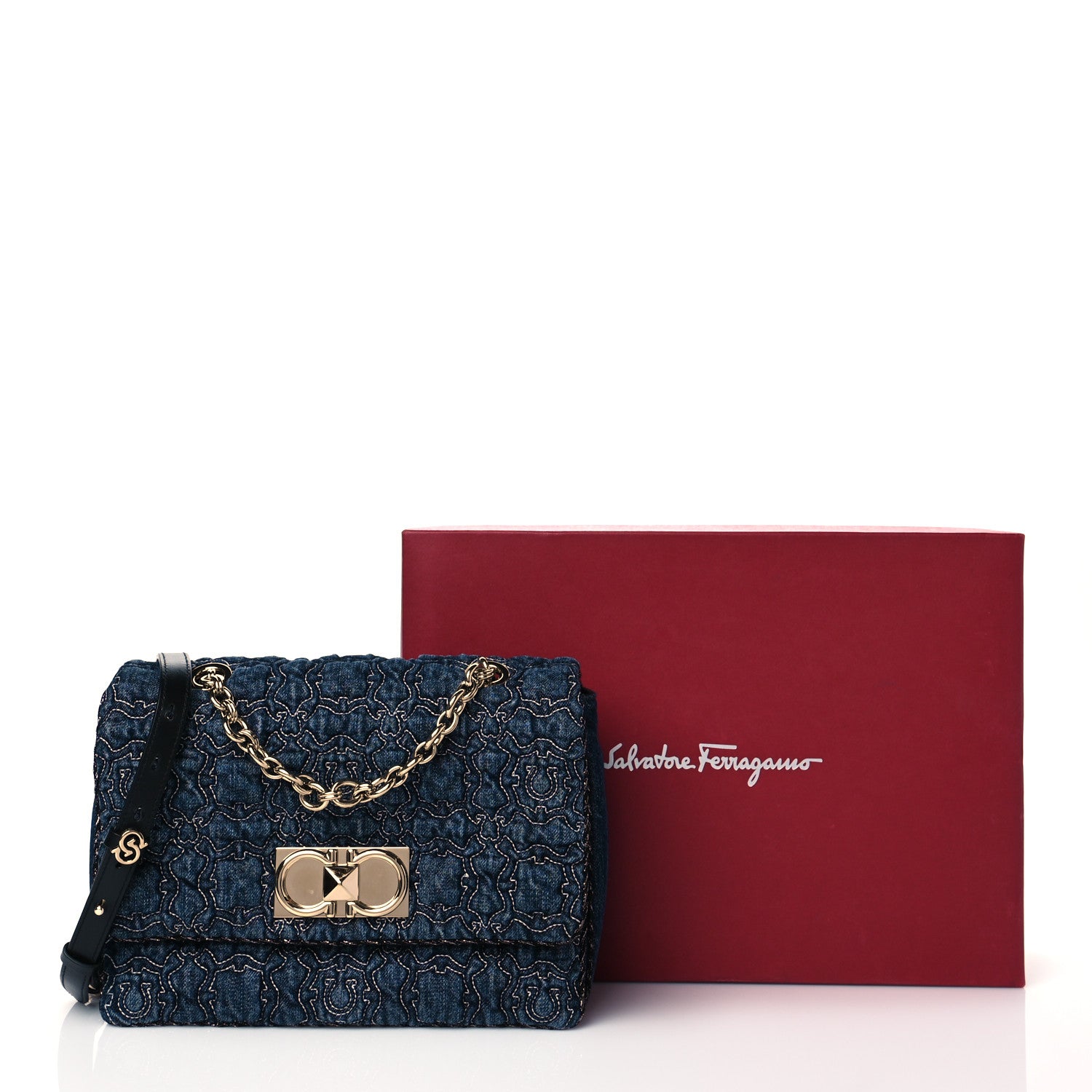 Salvatore Ferragamo Denim Quilted Gancini Small Flap Bag Blue 10 of 10