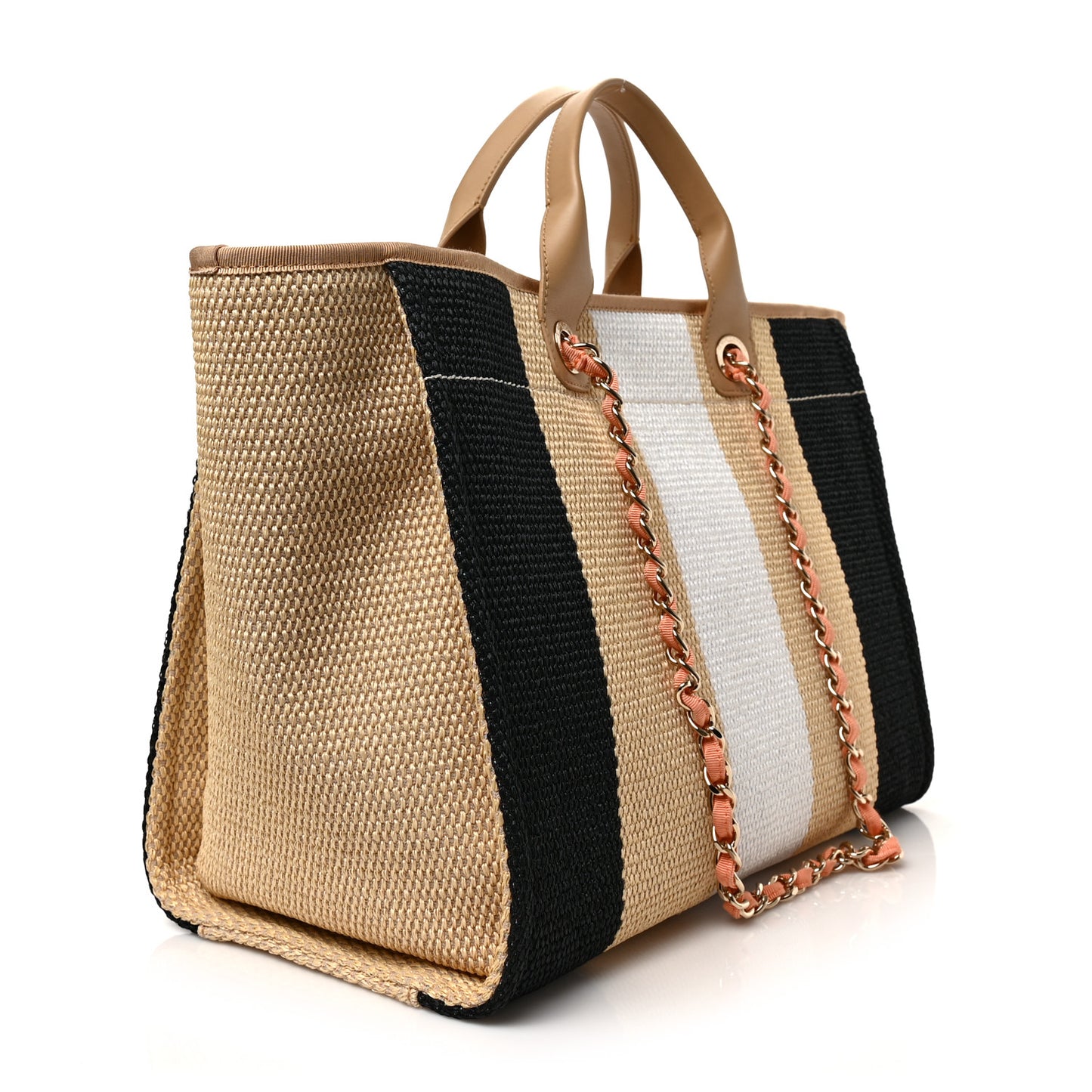 Straw Raffia Calfskin Striped Medium Deauville Tote Black Beige Ivory