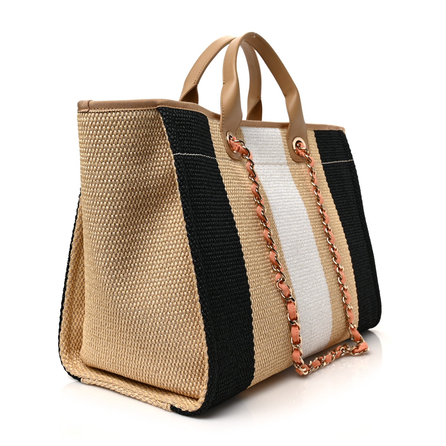 Chanel Straw Raffia Calfskin Striped Medium Deauville Tote Black Beige Ivory 3 of 9