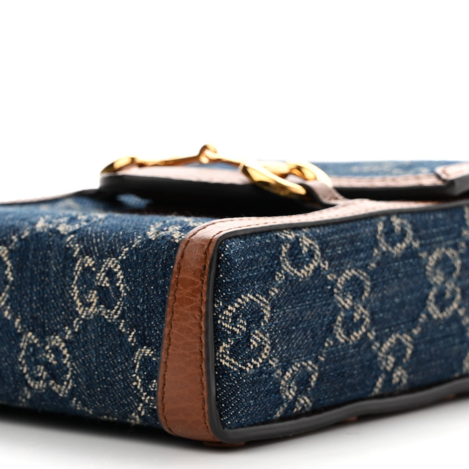 Gucci New Denim GG Monogram Dollar Calfskin Mini Horsebit 1955 Crossbody Bag Blue Tea Cuir Epilog 10 of 12