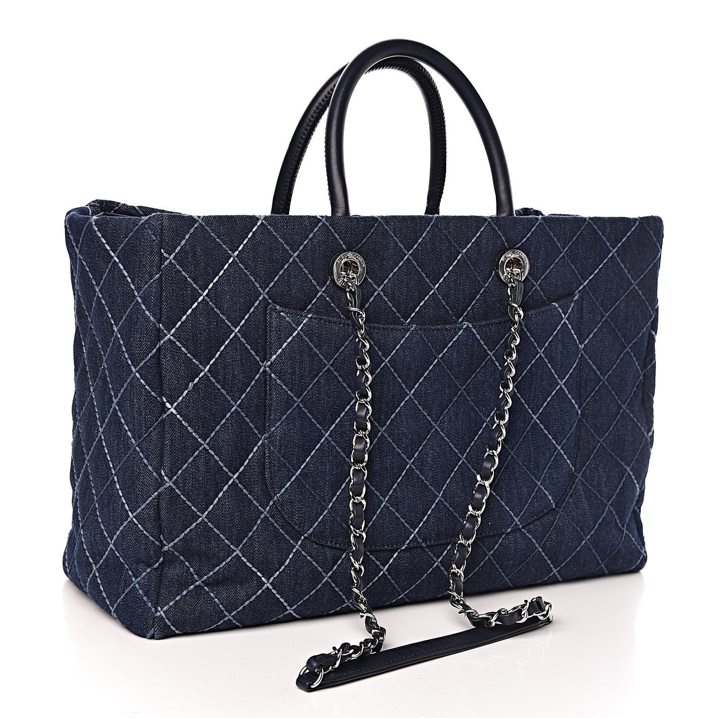 Denim Quilted Large Coco Handle Shopping Tote Blue