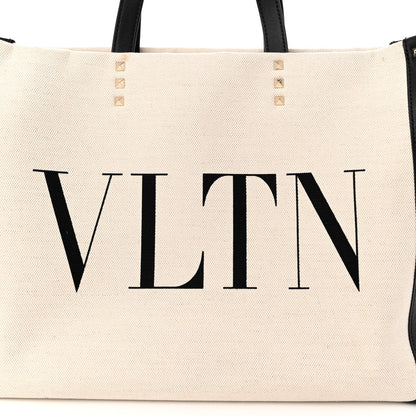 Valentino Garavani Canvas Calfskin VLTN Print Small Rockstud Tote Naturale Black 7 of 11