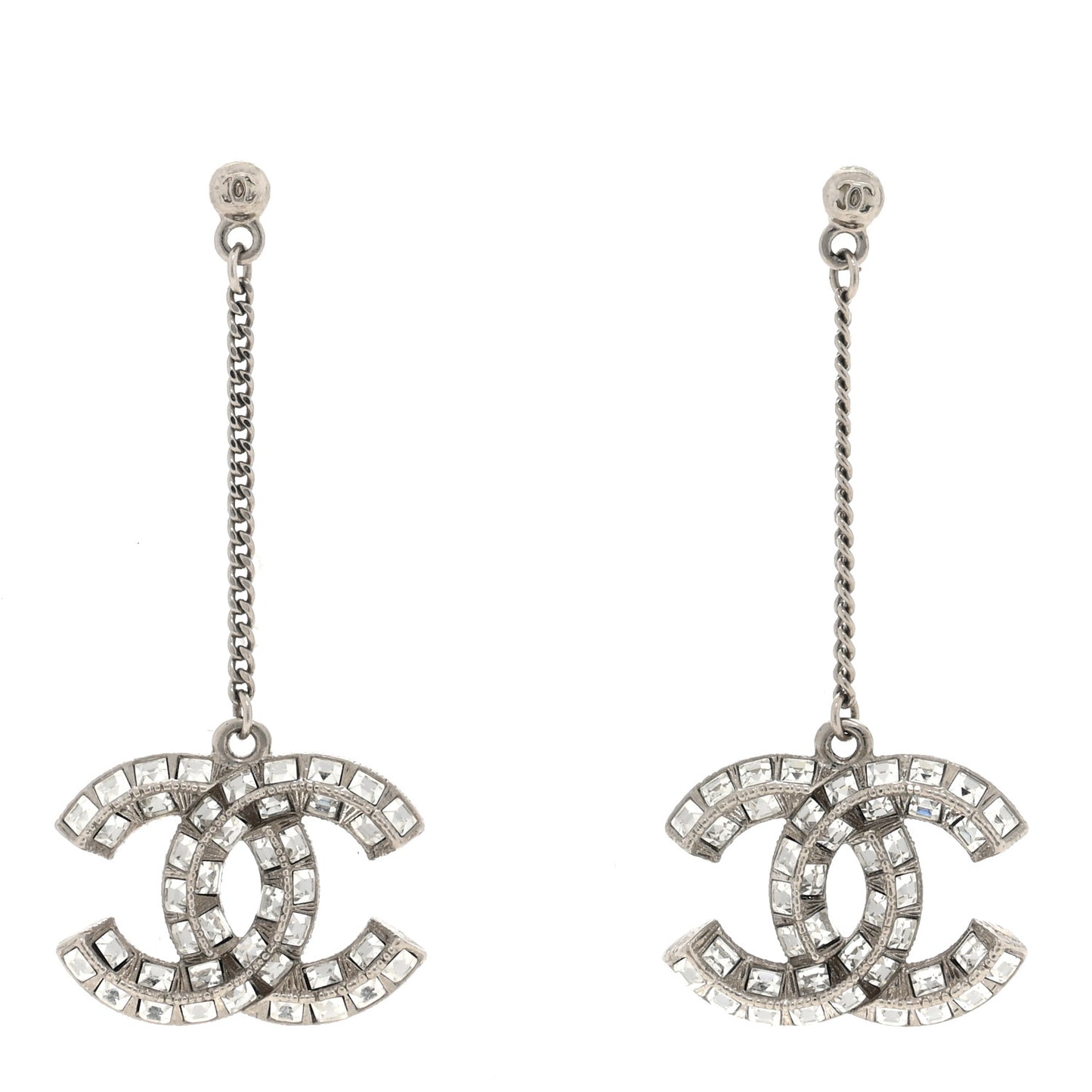 Crystal Baguette CC Drop Earrings Silver