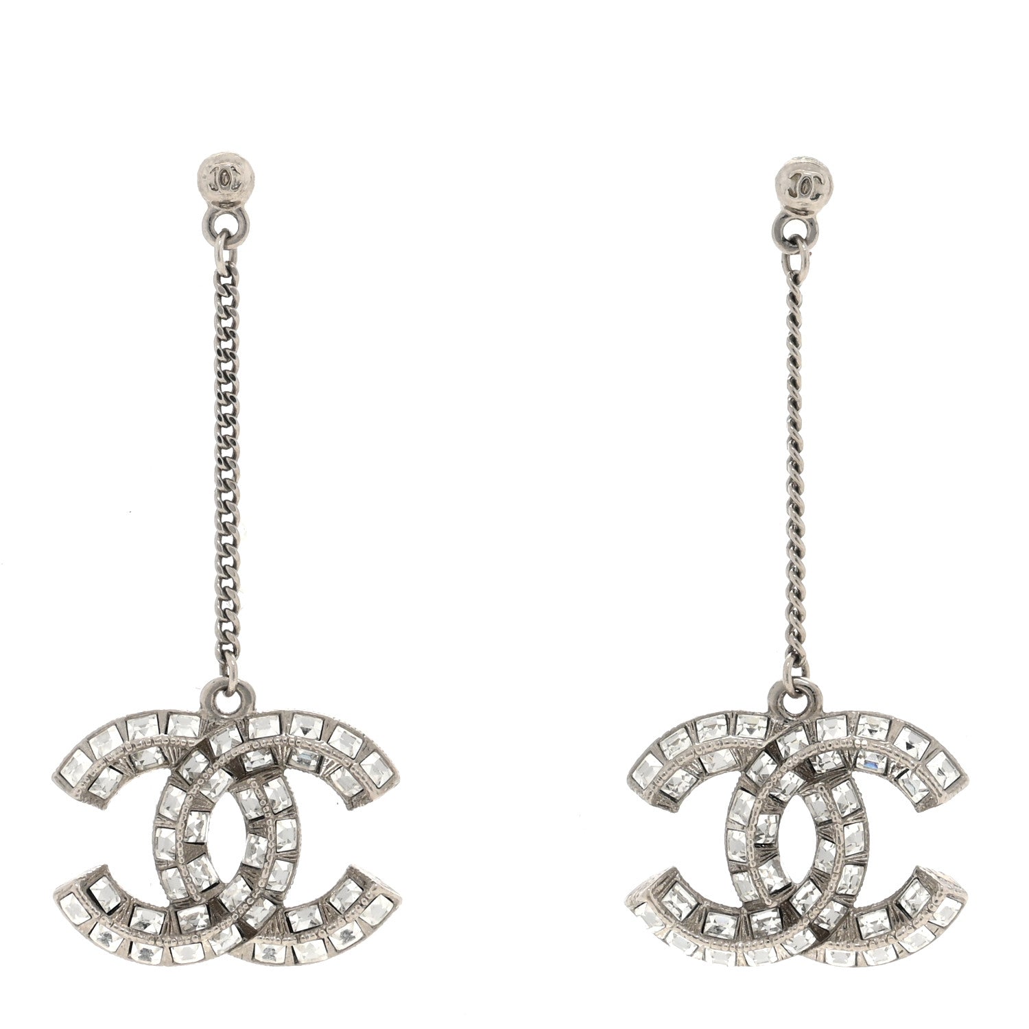 Chanel Crystal Baguette CC Drop Earrings Silver 1 of 5