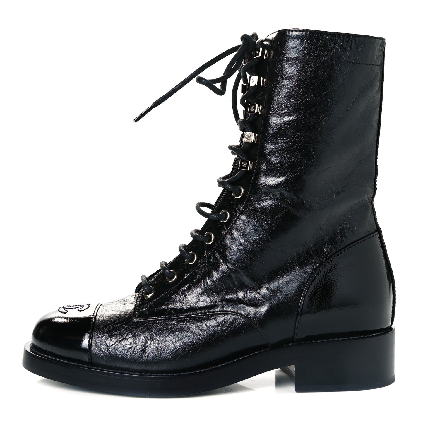Crumpled Lambskin Shiny Calfskin Lace Up Combat Boots 38.5 Black