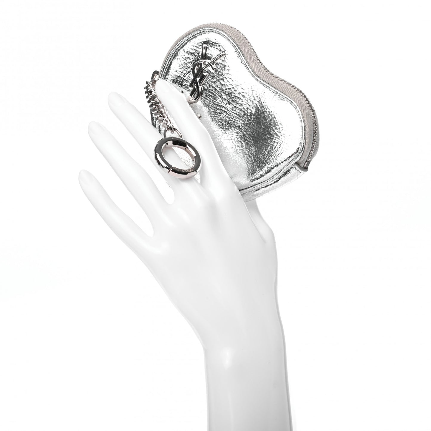 Metallic Calfskin Monogram Heart Key Pouch Silver