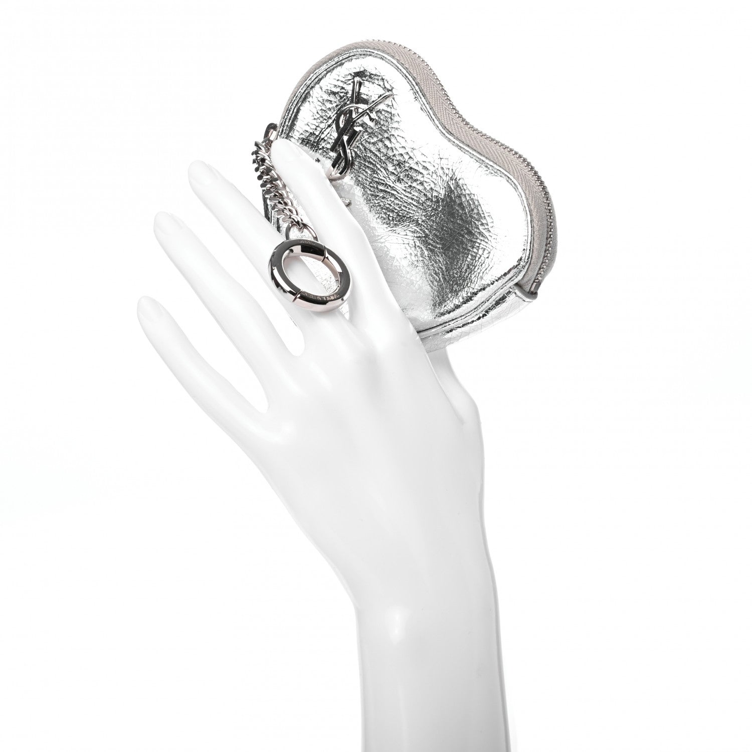 Saint Laurent Metallic Calfskin Monogram Heart Key Pouch Silver 2 of 7