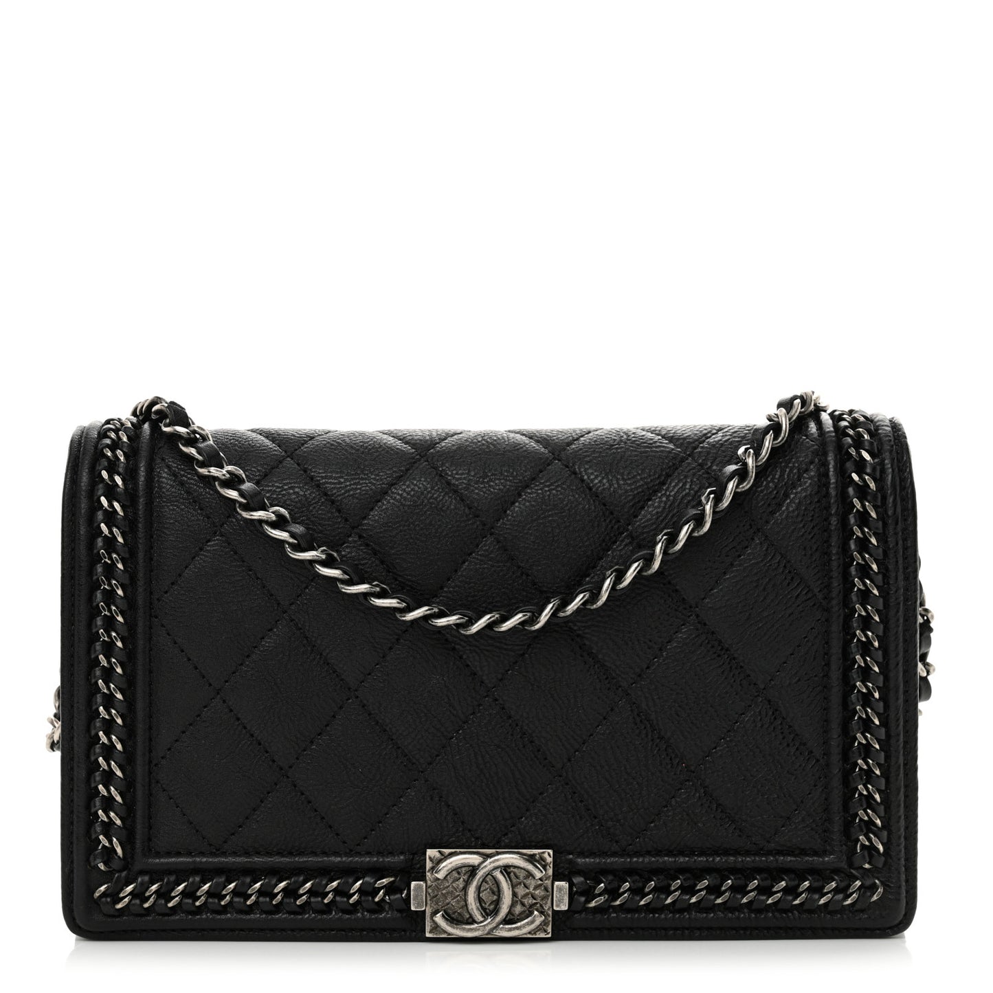 Calfskin Quilted Chain Around Boy Wallet On Removable Chain WOC Black