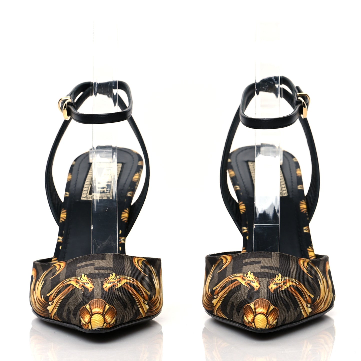X VERSACE Silk Calfskin Fendace Fendi First 95mm Slingback Sandals 37 Tobacco Black Gold