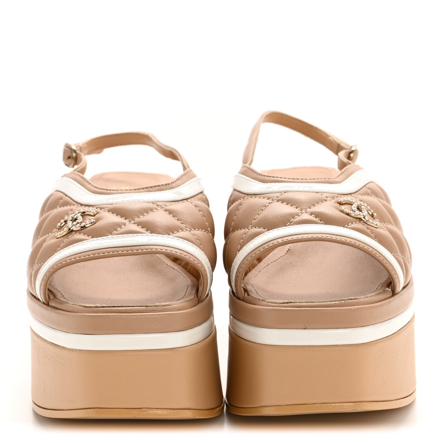 Chanel Lambskin Patent Quilted CC Platform Sandals 36 Beige White 3 of 10
