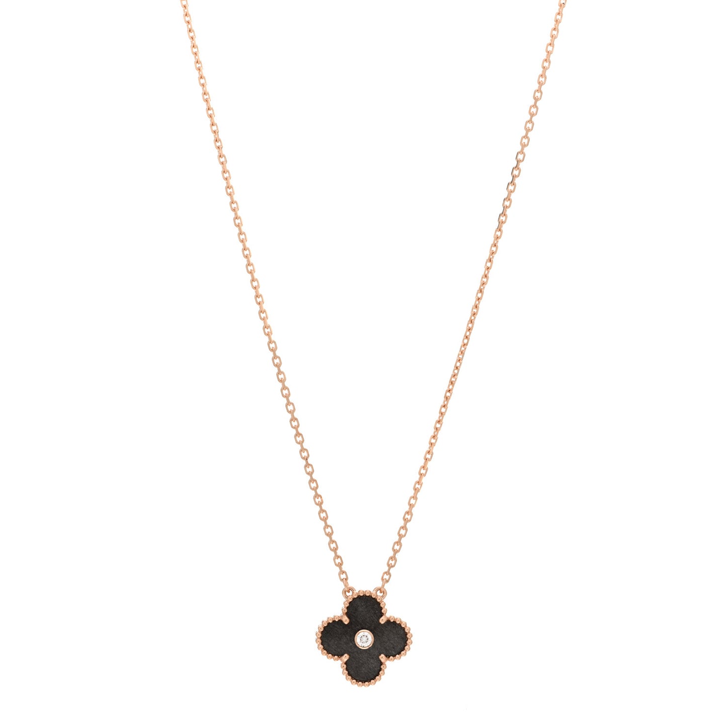 18K Rose Gold Diamond Silver Obsidian Vintage Alhambra Pendant Necklace