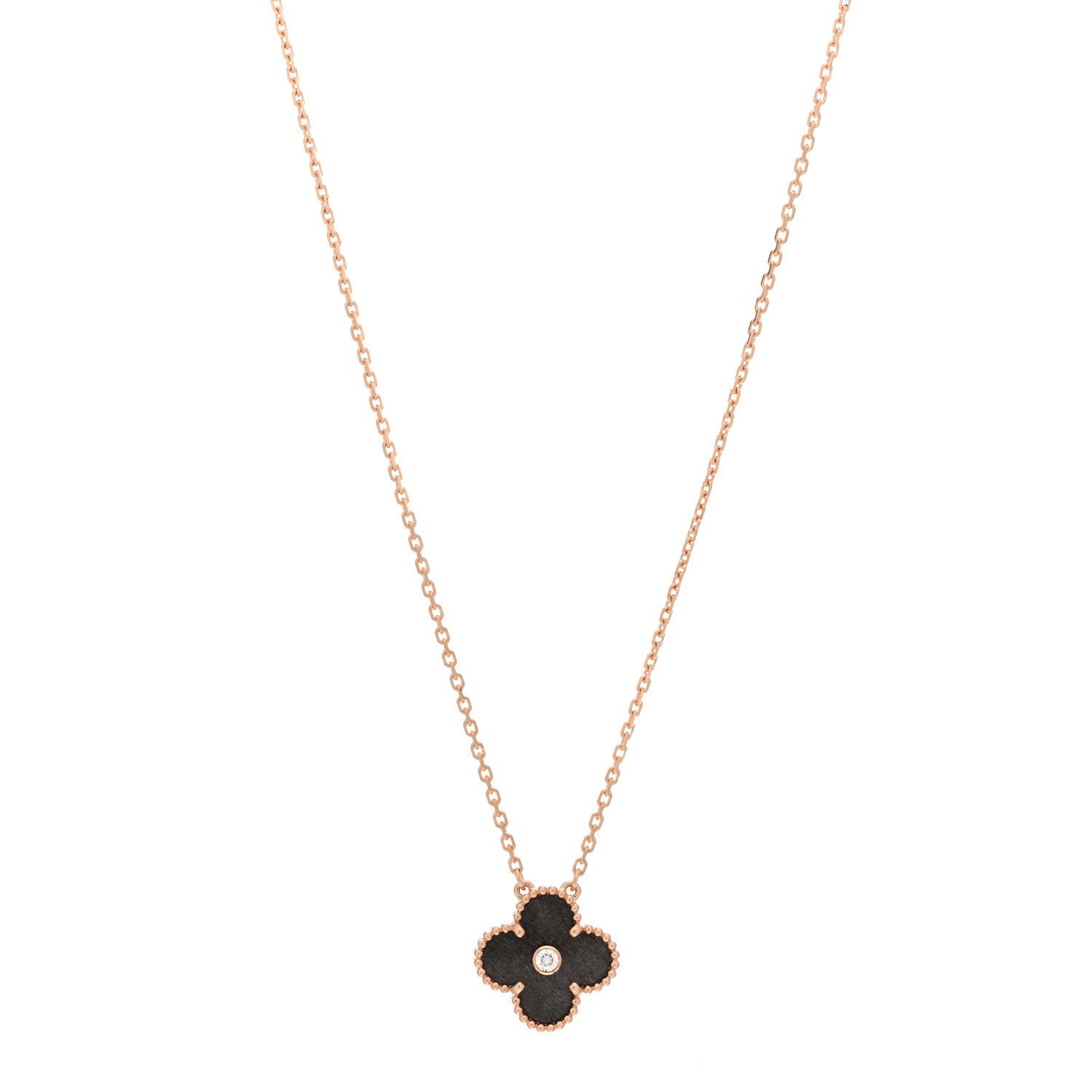 Van Cleef & Arpels 18K Rose Gold Diamond Silver Obsidian Vintage Alhambra Pendant Necklace 1 of 5