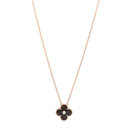 Van Cleef & Arpels 18K Rose Gold Diamond Silver Obsidian Vintage Alhambra Pendant Necklace 1 of 5