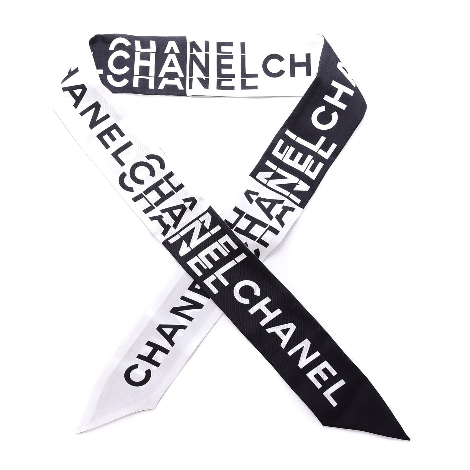Chanel Silk Logo Slim Bandeau Scarf Black White 1 of 3