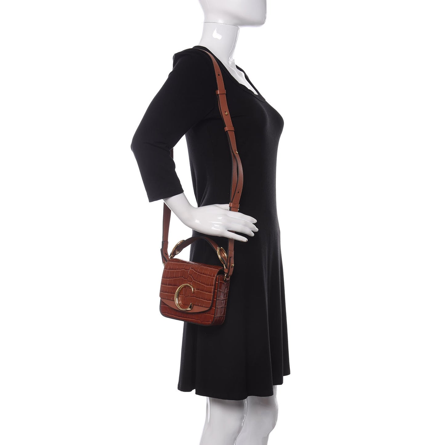 Calfskin Crocodile Embossed Mini C Double Carry Chestnut Brown