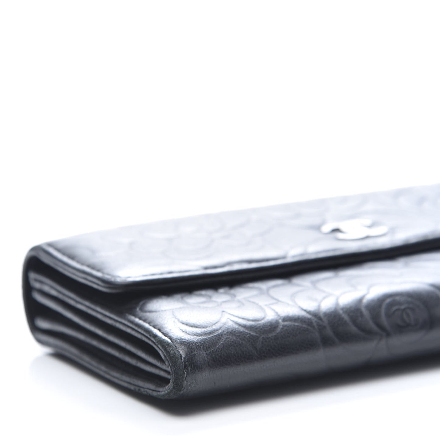 Lambskin Embossed Camellia Large Gusset Flap Wallet Black
