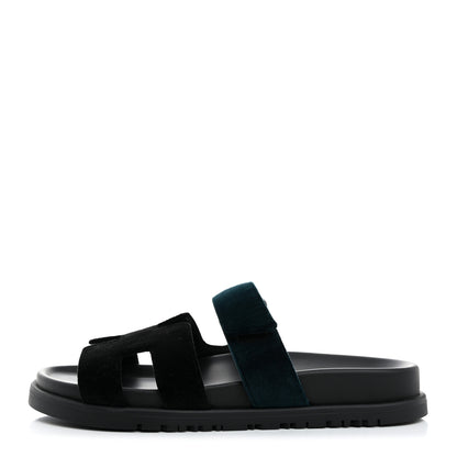 Hermes Velvet Womens Chypre Sandals 36.5 Black Vert Mousse 1 of 8
