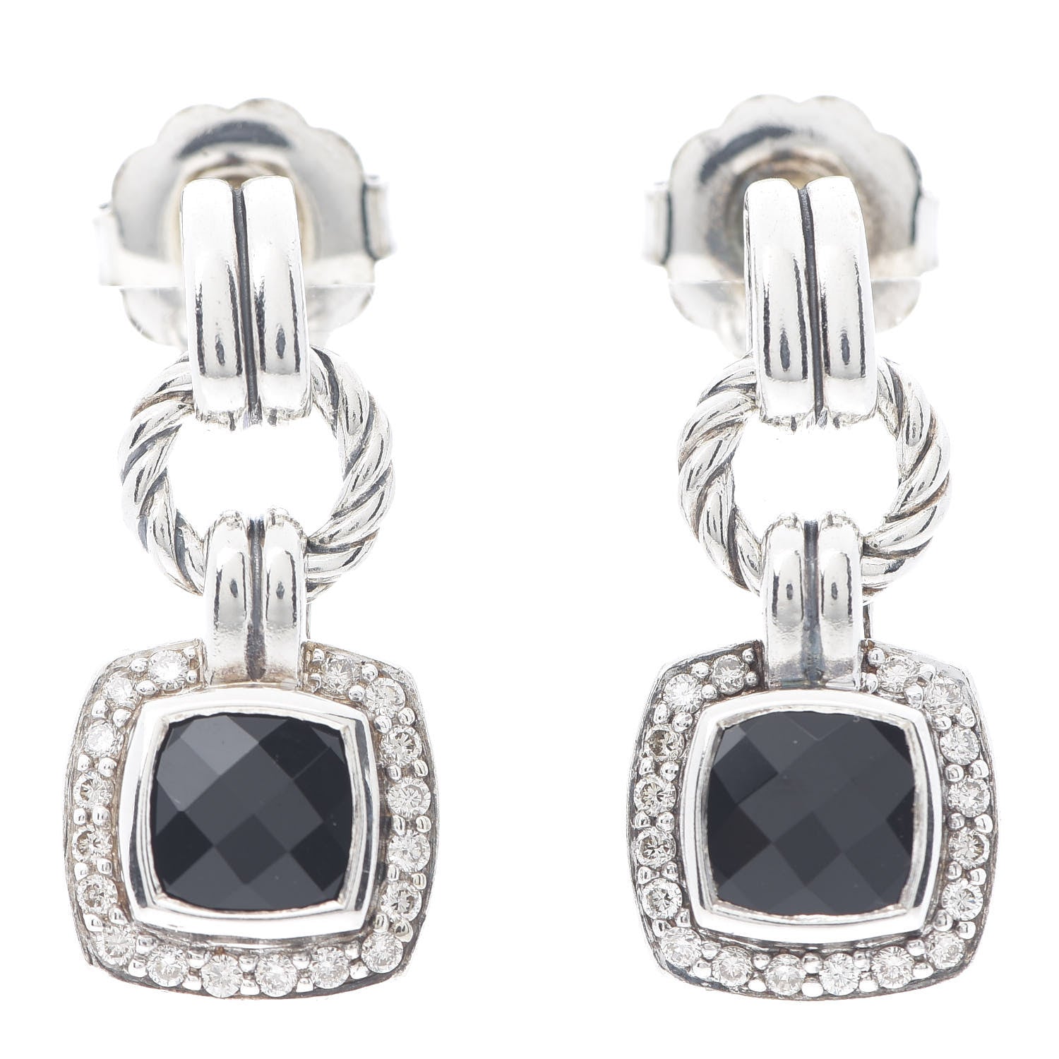 David Yurman Sterling Silver Diamond Black Onyx 7mm Petite Albion Drop Earrings 1 of 3