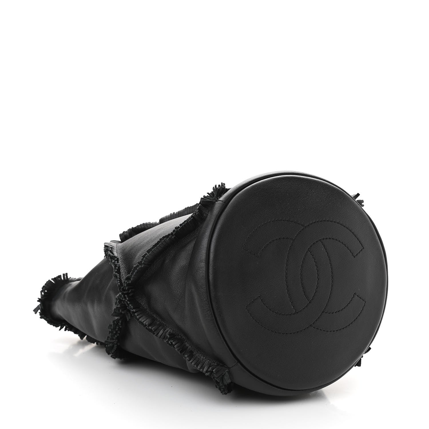 Chanel Lambskin Quilted Fringe CC Chain Bucket Drawstring Bag Black 4 of 10