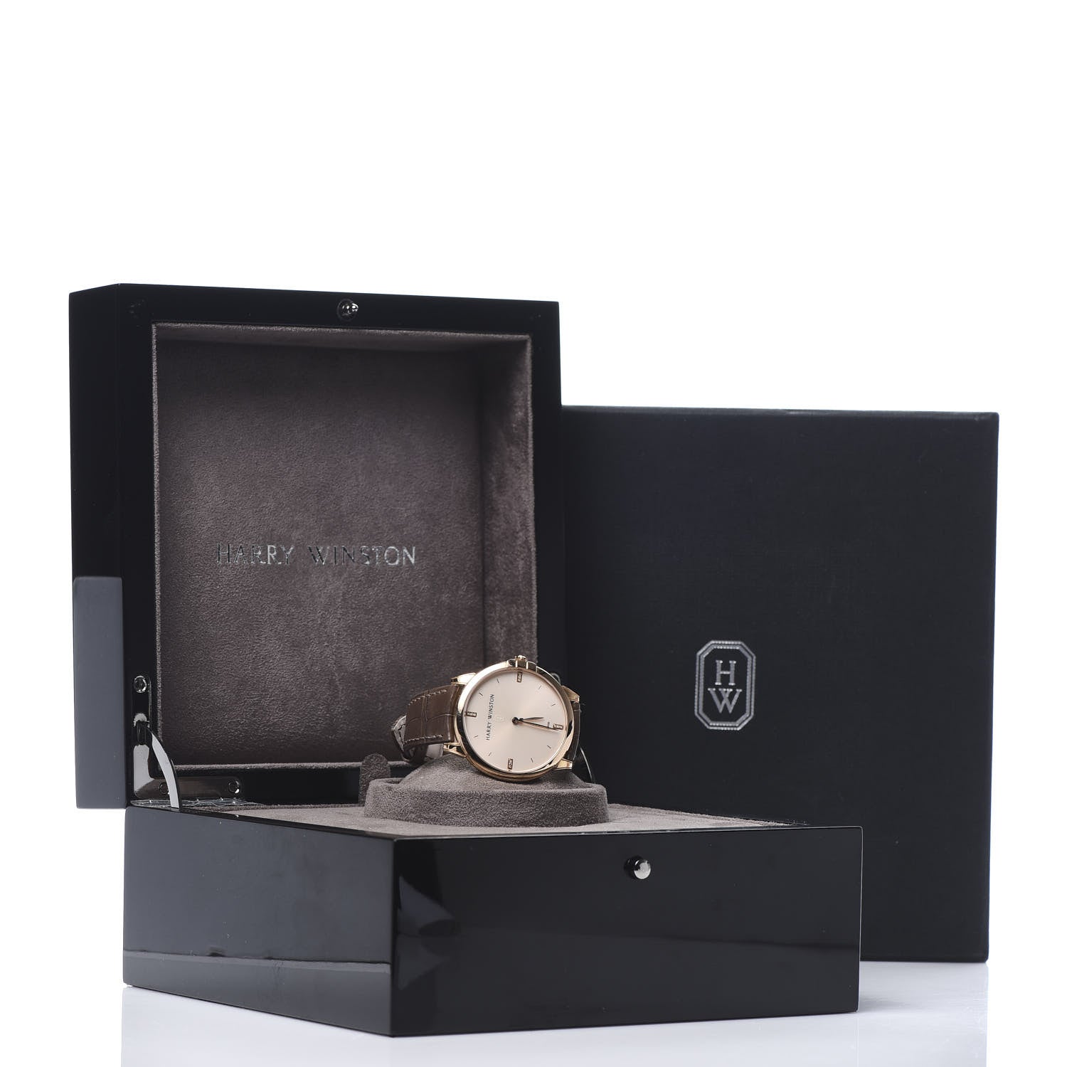 Harry Winston 18K Rose Gold Alligator Diamond 39mm Midnight Quartz Watch Champagne Sunray 10 of 10