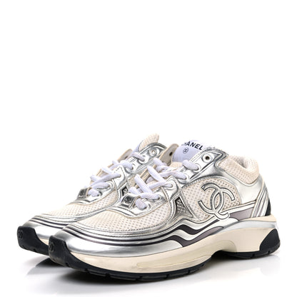 Chanel Fabric Laminated Calfskin Stretch CC Sneakers 37 White Silver 4 of 12