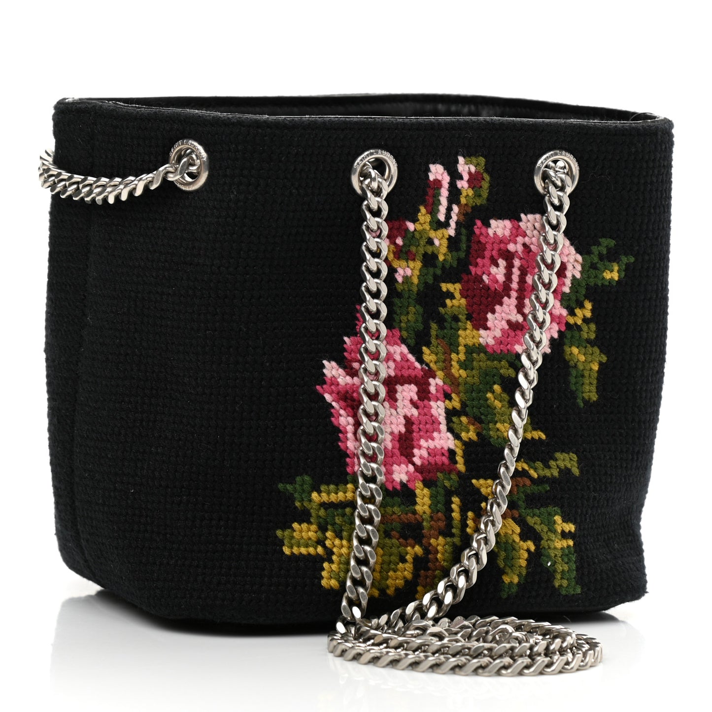 Woven Wool Embroidered Baby Emmanuelle Bucket Bag Black