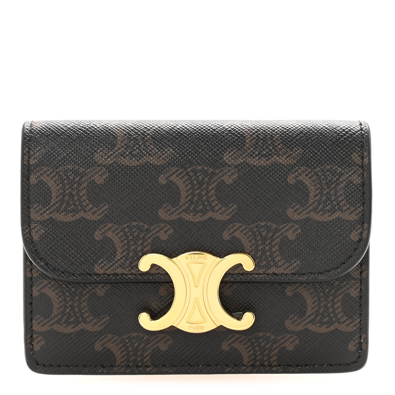 Celine Triomphe Canvas Calfskin Flap Card Holder Tan 1 of 9
