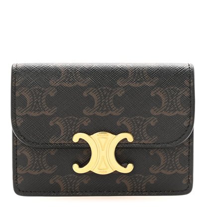 Celine Triomphe Canvas Calfskin Flap Card Holder Tan 1 of 9