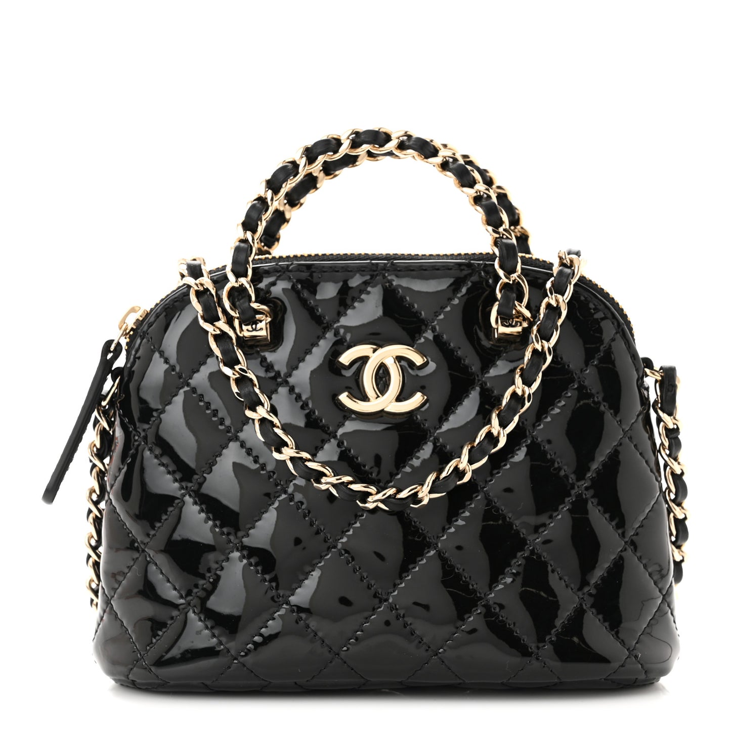 Patent Calfskin Quilted Shiny Coco Clutch With Chain Black