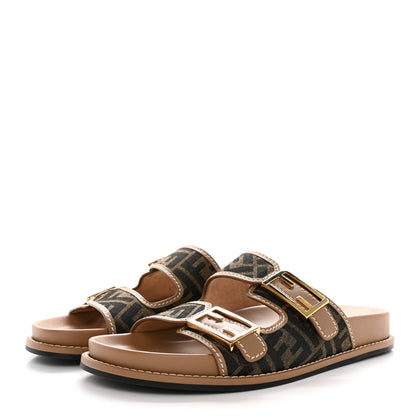 Fendi Fabric Jacquard Nappa FF Womens Fendi Feel Buckled Slide Sandals 41 Tobacco Black Miele Scuro 3 of 10