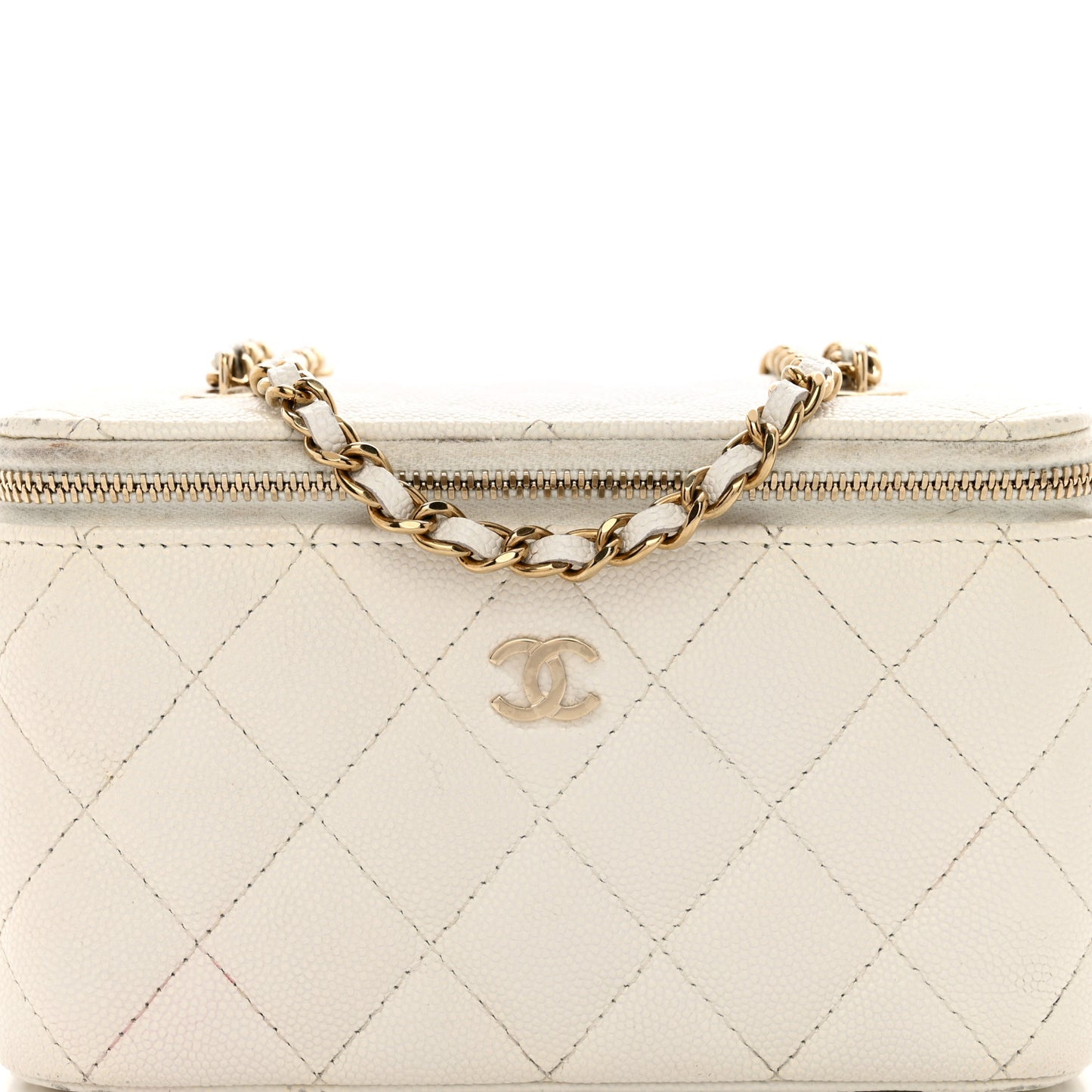 Caviar Quilted Small Vanity Case With Chain White