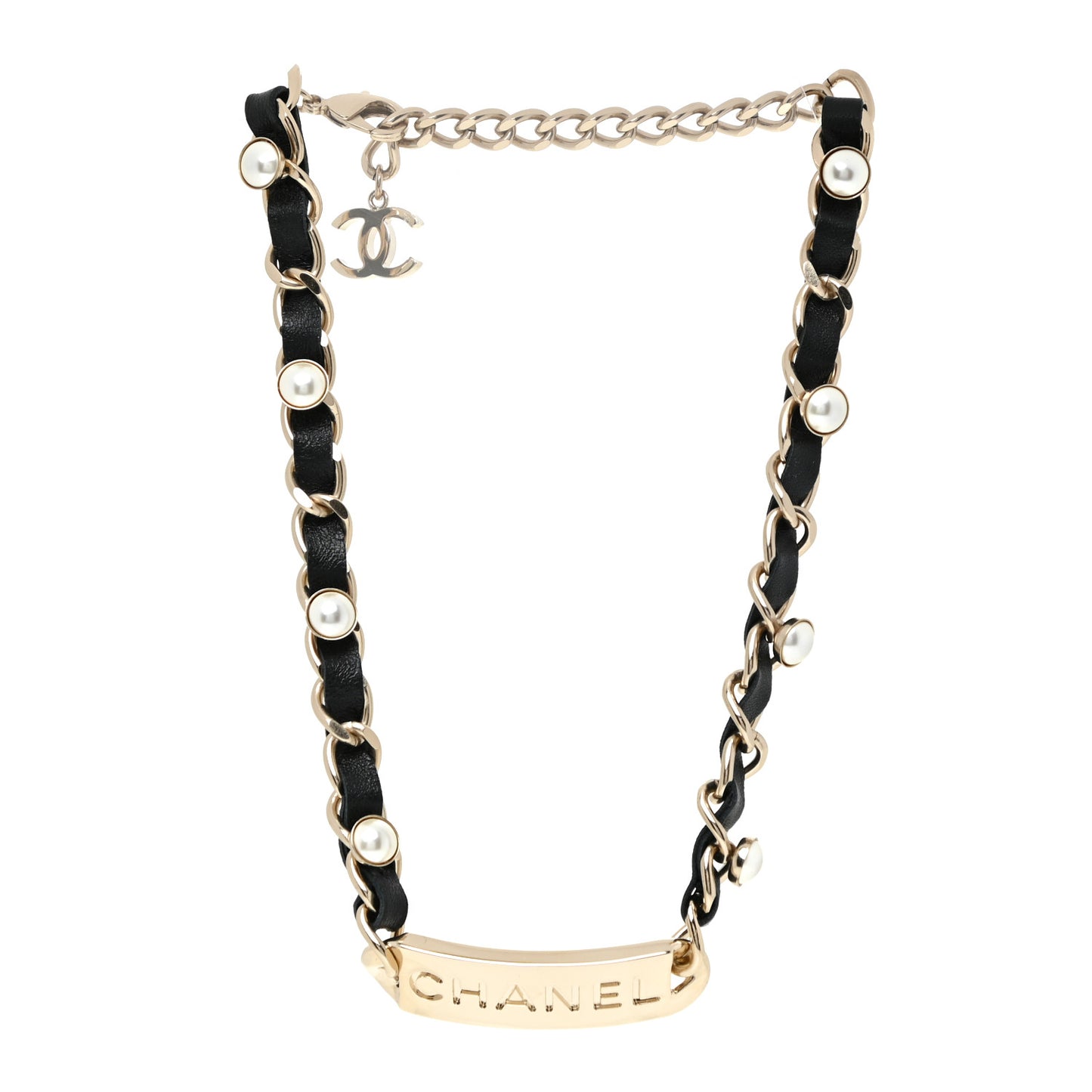 Metal Lambskin Pearl Name Plate Choker Necklace Black Gold