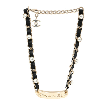 Chanel Metal Lambskin Pearl Name Plate Choker Necklace Black Gold 3 of 5